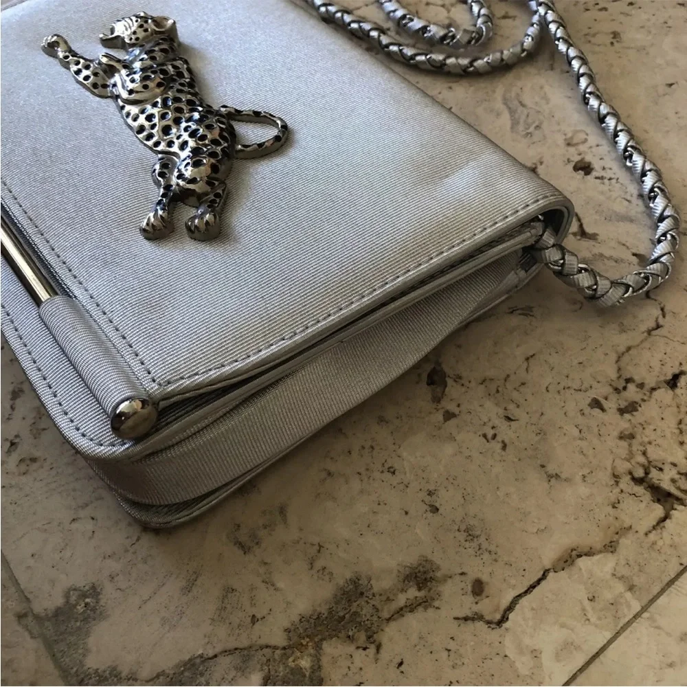 Nima Metal Cheetah Bag Silver Metallic Black Purse Cross Body Vintage 80s